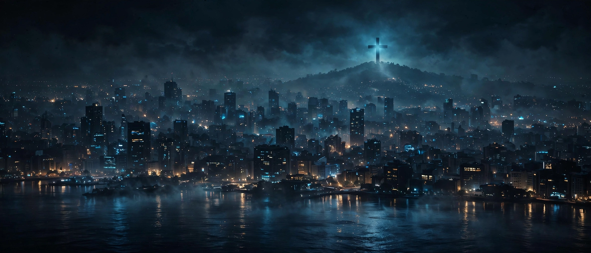 Night city under a glowing cross on a distant hill